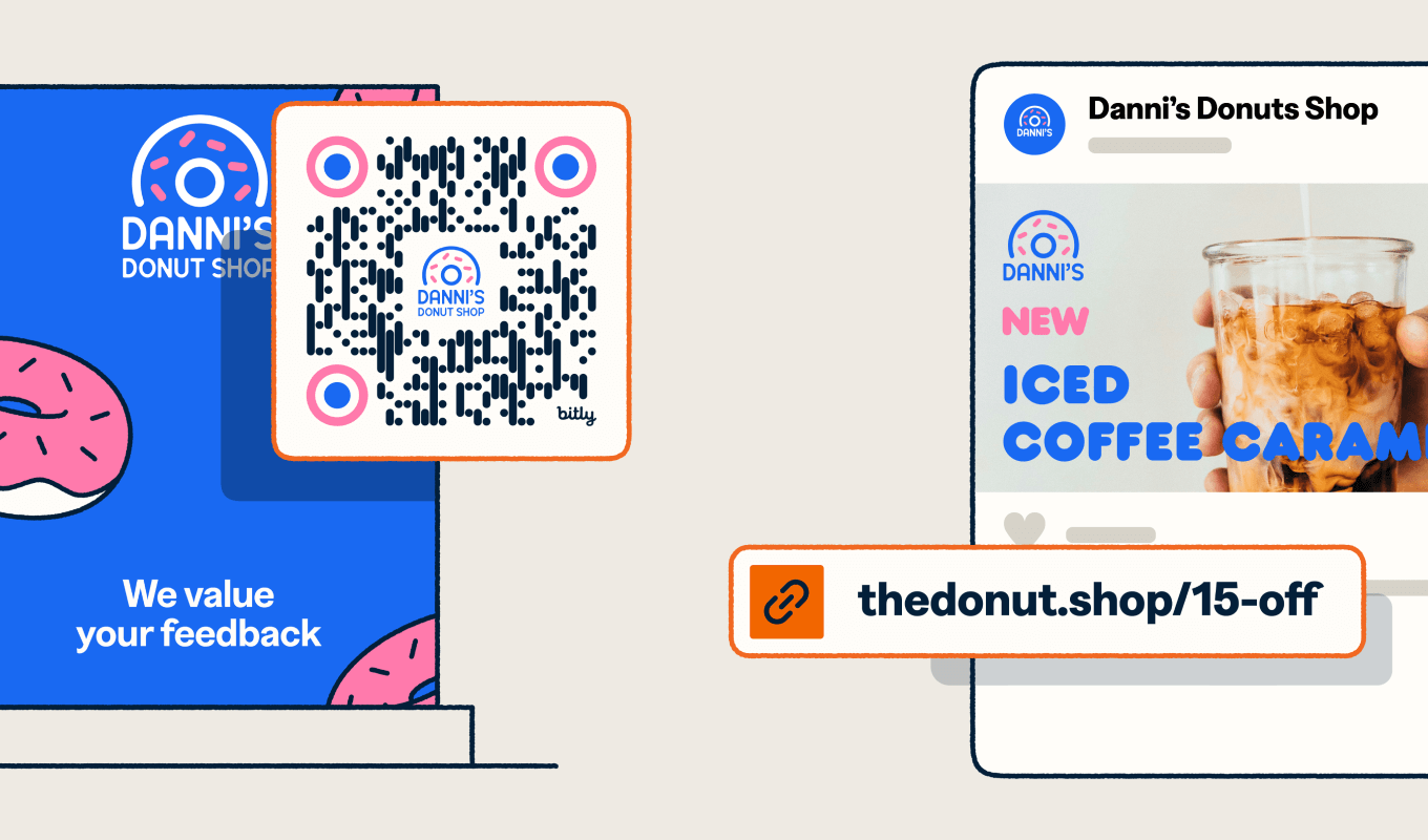 Dos diseños de Adobe Express con un código QR de Bitly y un link corto de Bitly, que muestran el poder de las dos plataformas combinadas.
