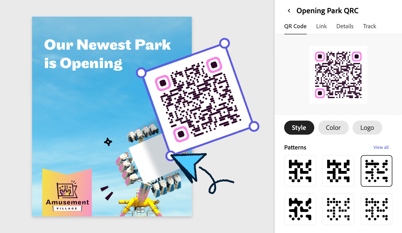 Diseño de Adobe Express con un código QR de Bitly añadido que muestra el poder de Bitly y Adobe Express combinados.