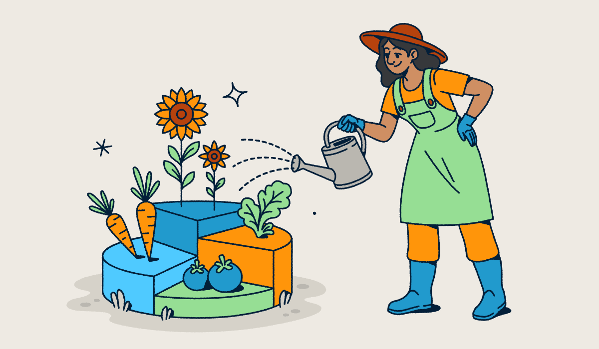 Illustration of a gardener wearing a hat and overalls watering a modular garden with different sections containing vegetables and flowers. The segmented garden plots represent data visualization concepts for analytics, data segmentation, and measuring growth through metrics.