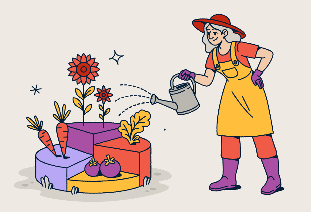Illustration of a gardener wearing a hat and overalls watering a modular garden with different sections containing vegetables and flowers. The segmented garden plots represent data visualization concepts for analytics, data segmentation, and measuring growth through metrics.