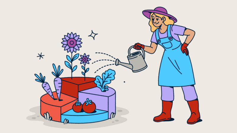 Illustration of a gardener wearing a hat and overalls watering a modular garden with different sections containing vegetables and flowers. The segmented garden plots represent data visualization concepts for analytics, data segmentation, and measuring growth through metrics.