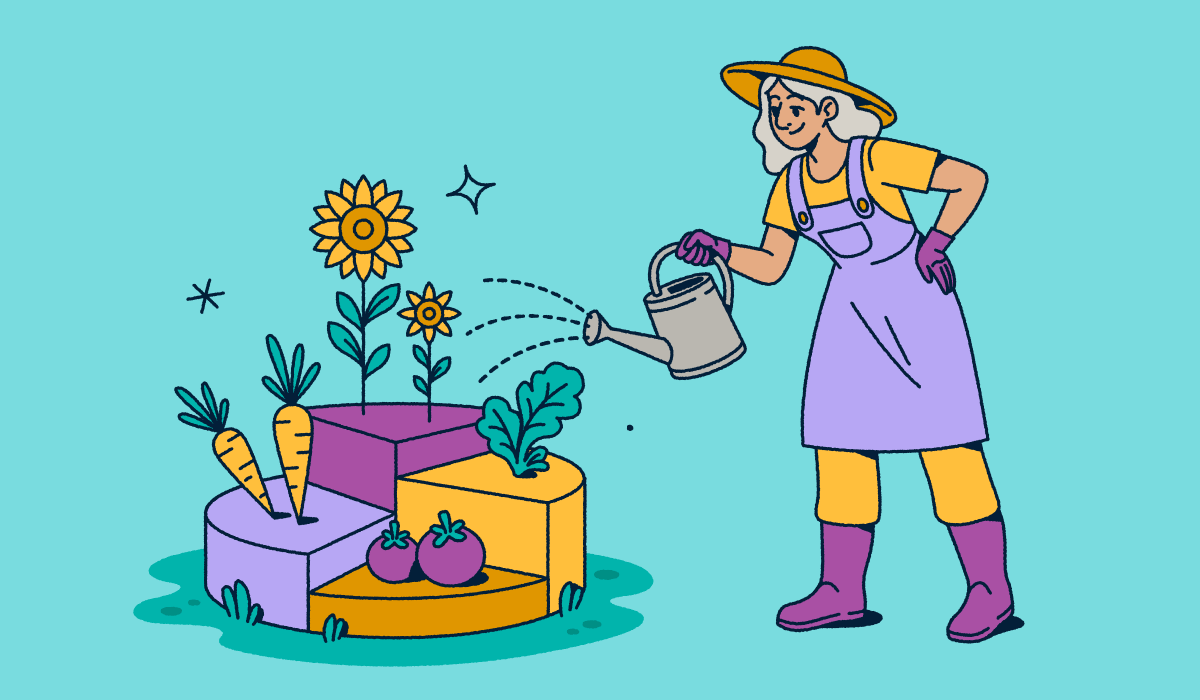 Illustration of a gardener wearing a hat and overalls watering a modular garden with different sections containing vegetables and flowers. The segmented garden plots represent data visualization concepts for analytics, data segmentation, and measuring growth through metrics.