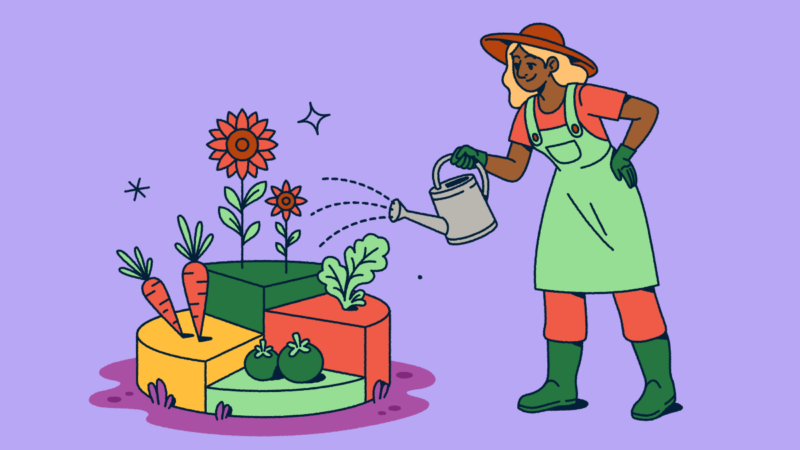 Illustration of a gardener wearing a hat and overalls watering a modular garden with different sections containing vegetables and flowers. The segmented garden plots represent data visualization concepts for analytics, data segmentation, and measuring growth through metrics.