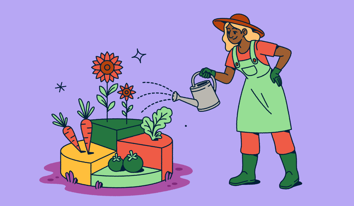 Illustration of a gardener wearing a hat and overalls watering a modular garden with different sections containing vegetables and flowers. The segmented garden plots represent data visualization concepts for analytics, data segmentation, and measuring growth through metrics.