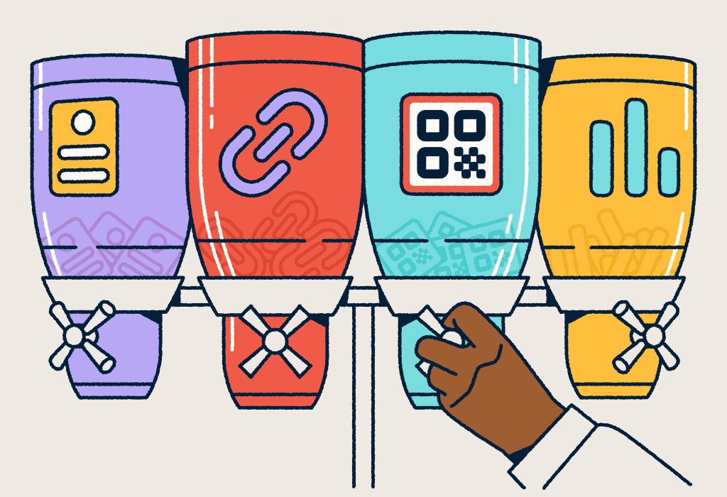 Four labeled dispensers representing Bitly's products—landing pages, short links, QR Codes, and analytics—with a hand selecting the QR Code option.