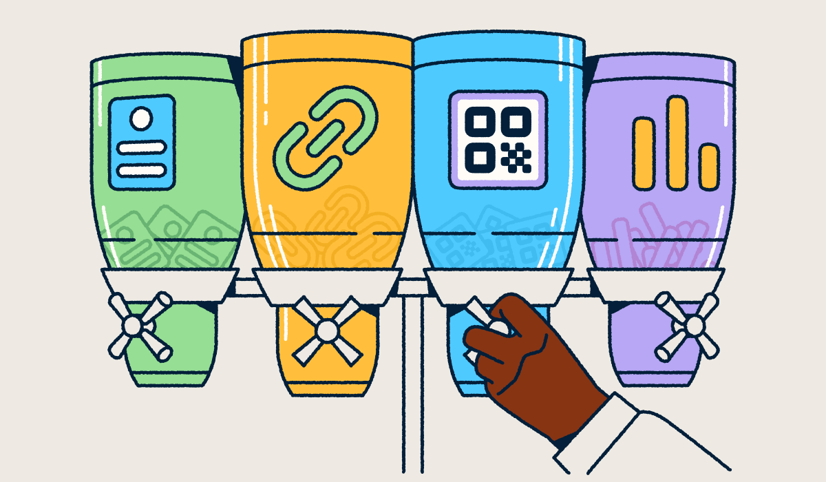 Four labeled dispensers representing Bitly's products—landing pages, short links, QR Codes, and analytics—with a hand selecting the QR Code option.