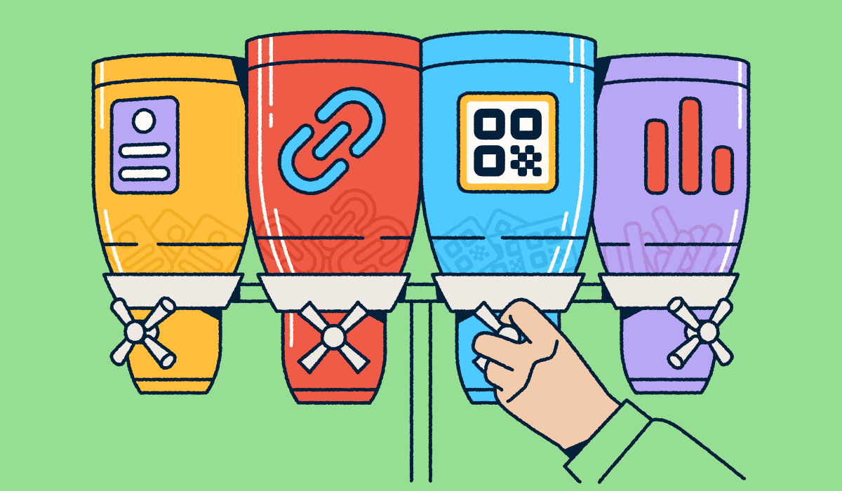 Four labeled dispensers representing Bitly's products—landing pages, short links, QR Codes, and analytics—with a hand selecting the QR Code option.