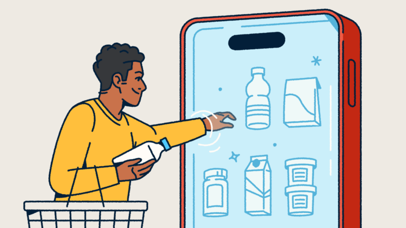 A person holding a shopping basket and selecting consumer packaged goods from a mobile "fridge."