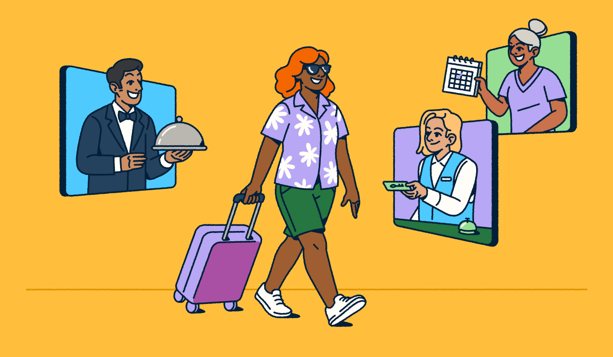 Illustration of a traveler in vacation attire pulling a suitcase while walking past digital screens showing hospitality services—a concierge with a covered dish, a hotel receptionist with a room key, and an event coordinator with a calendar. The image captures how digital tools connect guests with hospitality services throughout their journey.