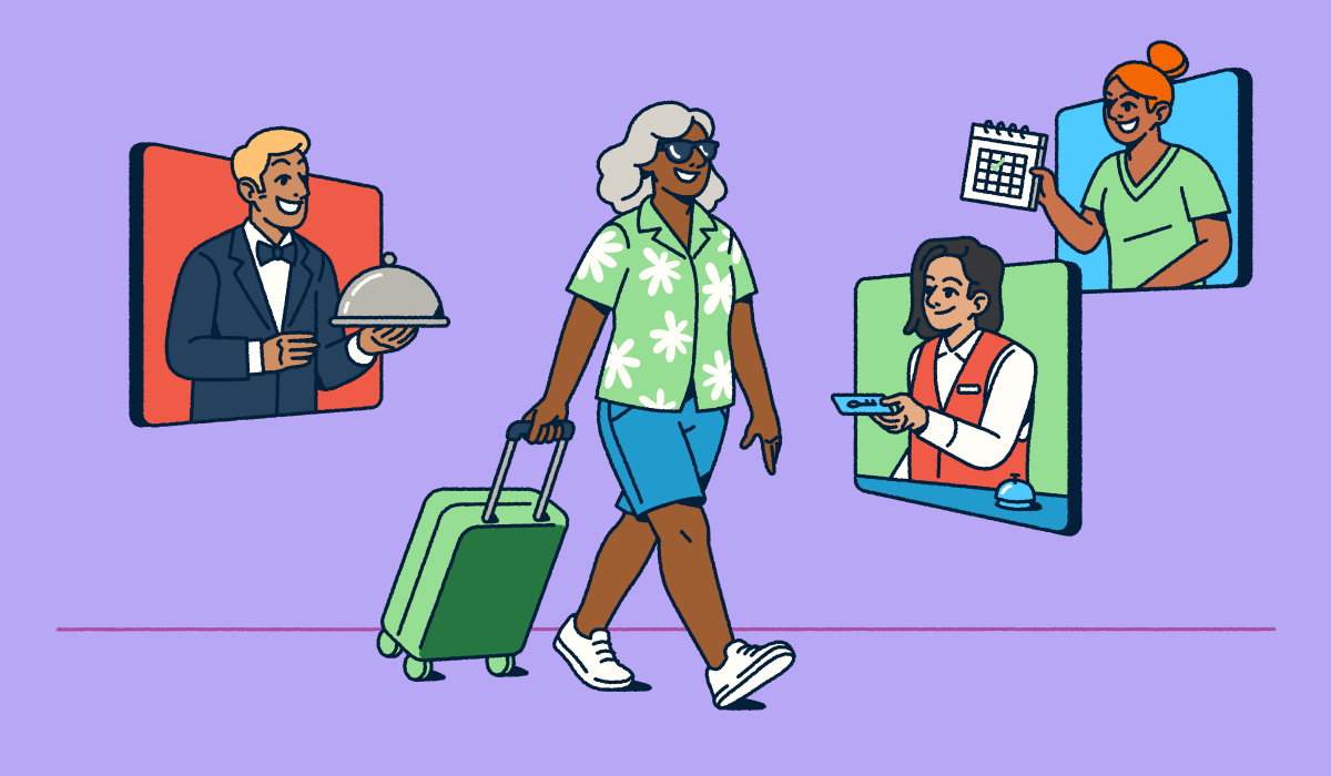Illustration of a traveler in vacation attire pulling a suitcase while walking past digital screens showing hospitality services—a concierge with a covered dish, a hotel receptionist with a room key, and an event coordinator with a calendar. The image captures how digital tools connect guests with hospitality services throughout their journey.