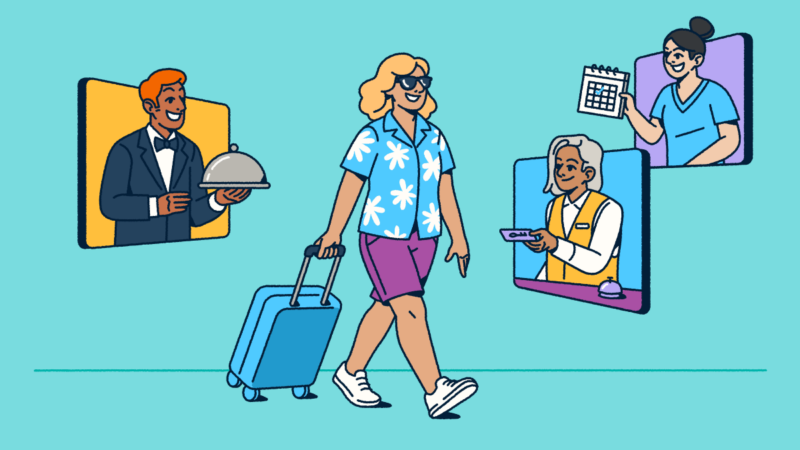 Illustration of a traveler in vacation attire pulling a suitcase while walking past digital screens showing hospitality services—a concierge with a covered dish, a hotel receptionist with a room key, and an event coordinator with a calendar. The image captures how digital tools connect guests with hospitality services throughout their journey.