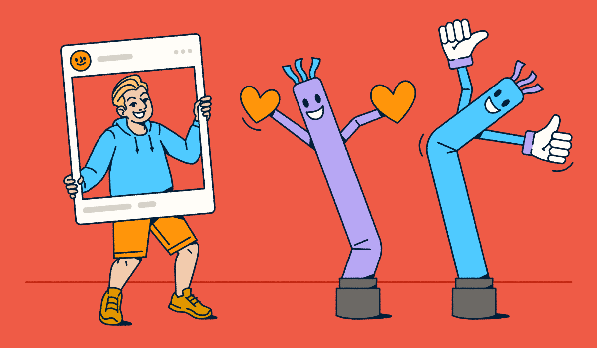 Engaging illustration of influencer marketing concept with a person holding a social media frame alongside animated inflatable tube characters with hearts and thumbs-up gestures, representing audience engagement, follower interactions, and the playful personality-driven nature of successful influencer campaigns.