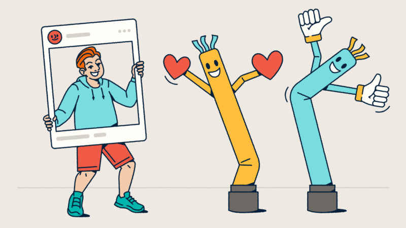 Engaging illustration of influencer marketing concept with a person holding a social media frame alongside animated inflatable tube characters with hearts and thumbs-up gestures, representing audience engagement, follower interactions, and the playful personality-driven nature of successful influencer campaigns.
