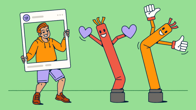 Engaging illustration of influencer marketing concept with a person holding a social media frame alongside animated inflatable tube characters with hearts and thumbs-up gestures, representing audience engagement, follower interactions, and the playful personality-driven nature of successful influencer campaigns.