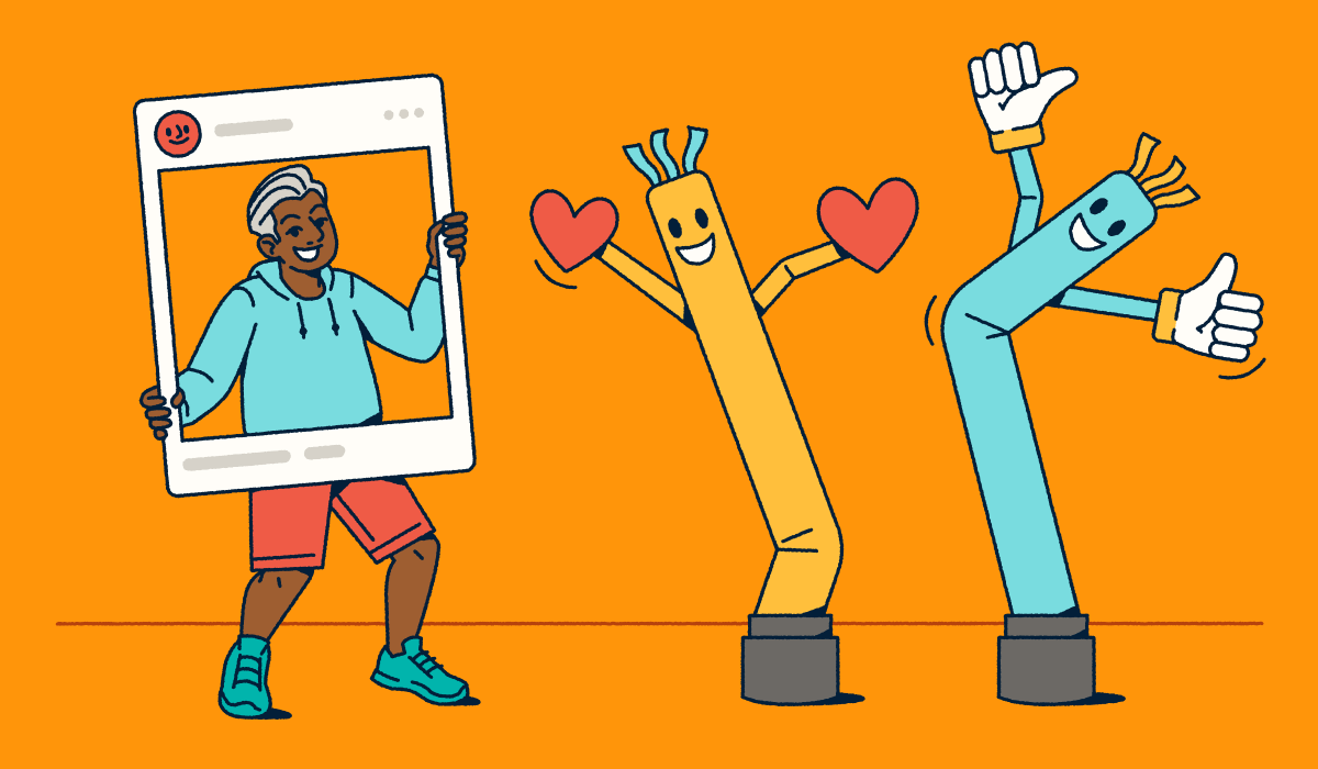 Engaging illustration of influencer marketing concept with a person holding a social media frame alongside animated inflatable tube characters with hearts and thumbs-up gestures, representing audience engagement, follower interactions, and the playful personality-driven nature of successful influencer campaigns.