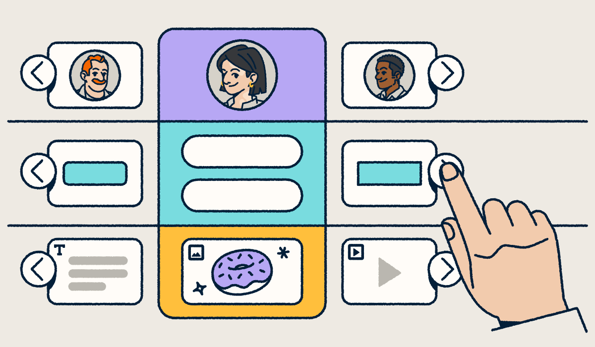 A customizable landing page selector with modules including profiles, buttons, text blocks, images, and video, with a hand selecting to build or edit a layout.