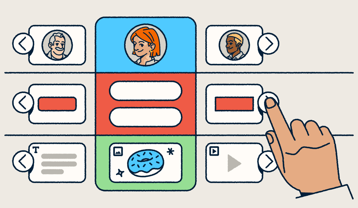 A customizable landing page selector with modules including profiles, buttons, text blocks, images, and video, with a hand selecting to build or edit a layout.