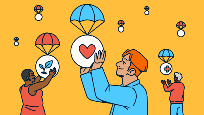 Diverse volunteers supporting nonprofit causes with parachuting icons representing healthcare, environmental sustainability, and compassionate community services.