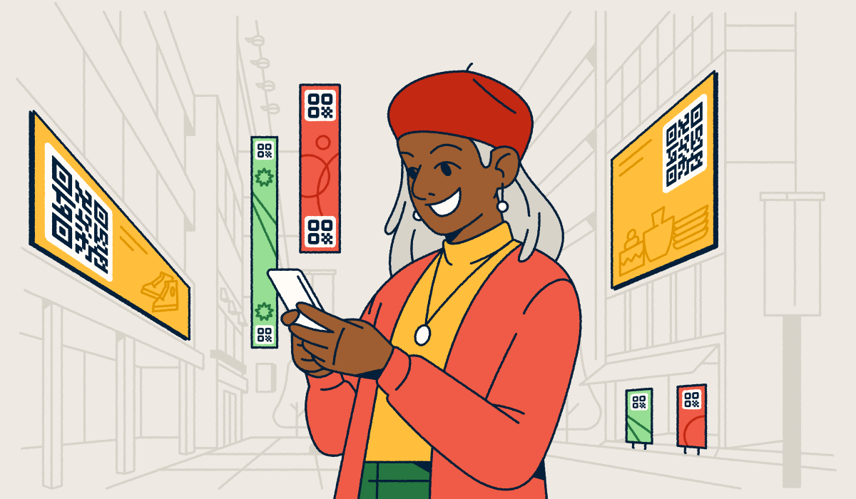 A woman standing in a city with digital advertisements featuring QR Codes around her. She's holding a smartphone in her hands.