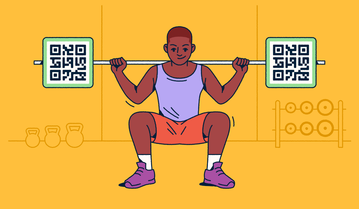 A person doing a squat with a barbell. The weights on the ends are QR Codes.