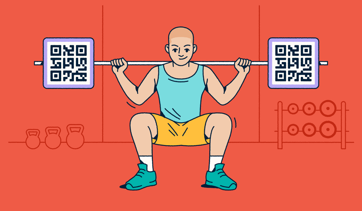 A person doing a squat with a barbell. The weights on the ends are QR Codes.