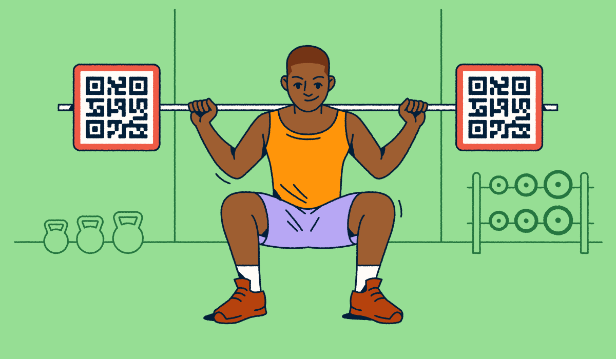 A person doing a squat with a barbell. The weights on the ends are QR Codes.