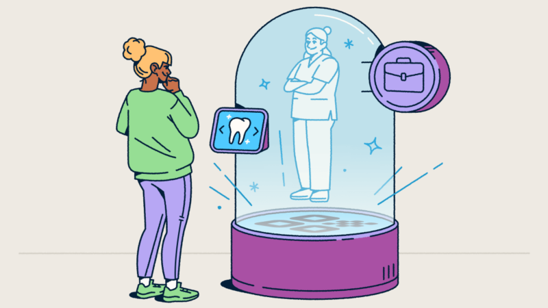 A person views a holographic figure inside a snow-globe-like container, emerging from a QR Code welcome mat. A screen allows the person to select a service.