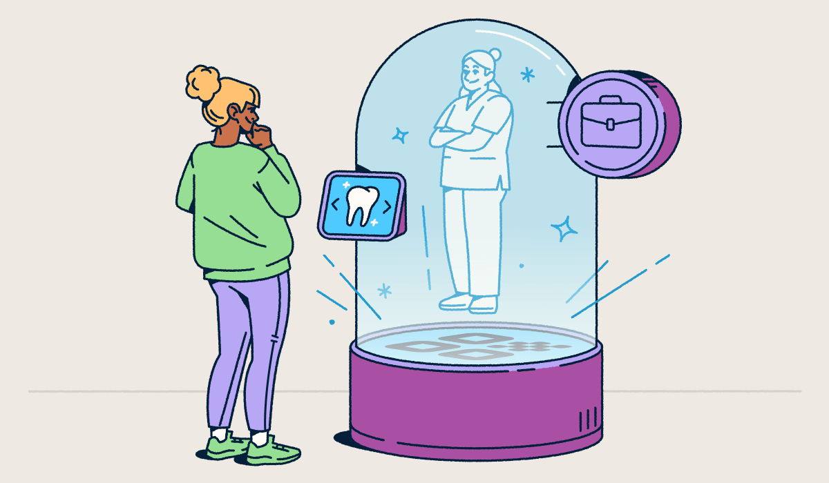 A person views a holographic figure inside a snow-globe-like container, emerging from a QR Code welcome mat. A screen allows the person to select a service.