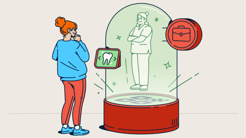 A person views a holographic figure inside a snow-globe-like container, emerging from a QR Code welcome mat. A screen allows the person to select a service.