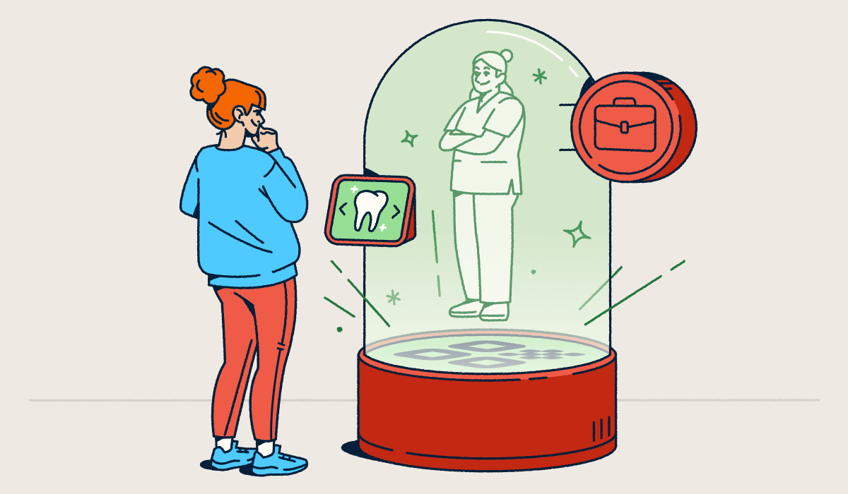 A person views a holographic figure inside a snow-globe-like container, emerging from a QR Code welcome mat. A screen allows the person to select a service.