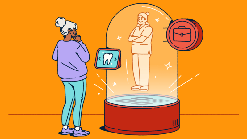 A person views a holographic figure inside a snow-globe-like container, emerging from a QR Code welcome mat. A screen allows the person to select a service.