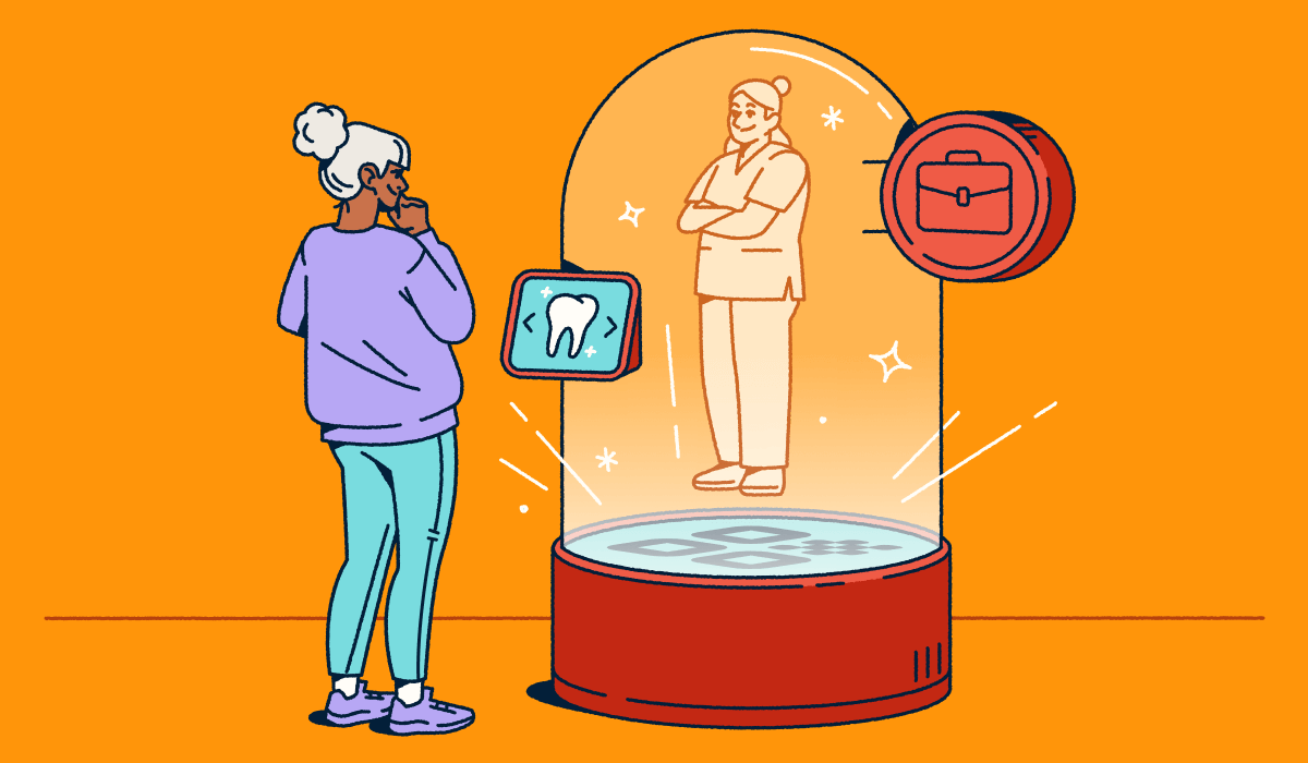 A person views a holographic figure inside a snow-globe-like container, emerging from a QR Code welcome mat. A screen allows the person to select a service.