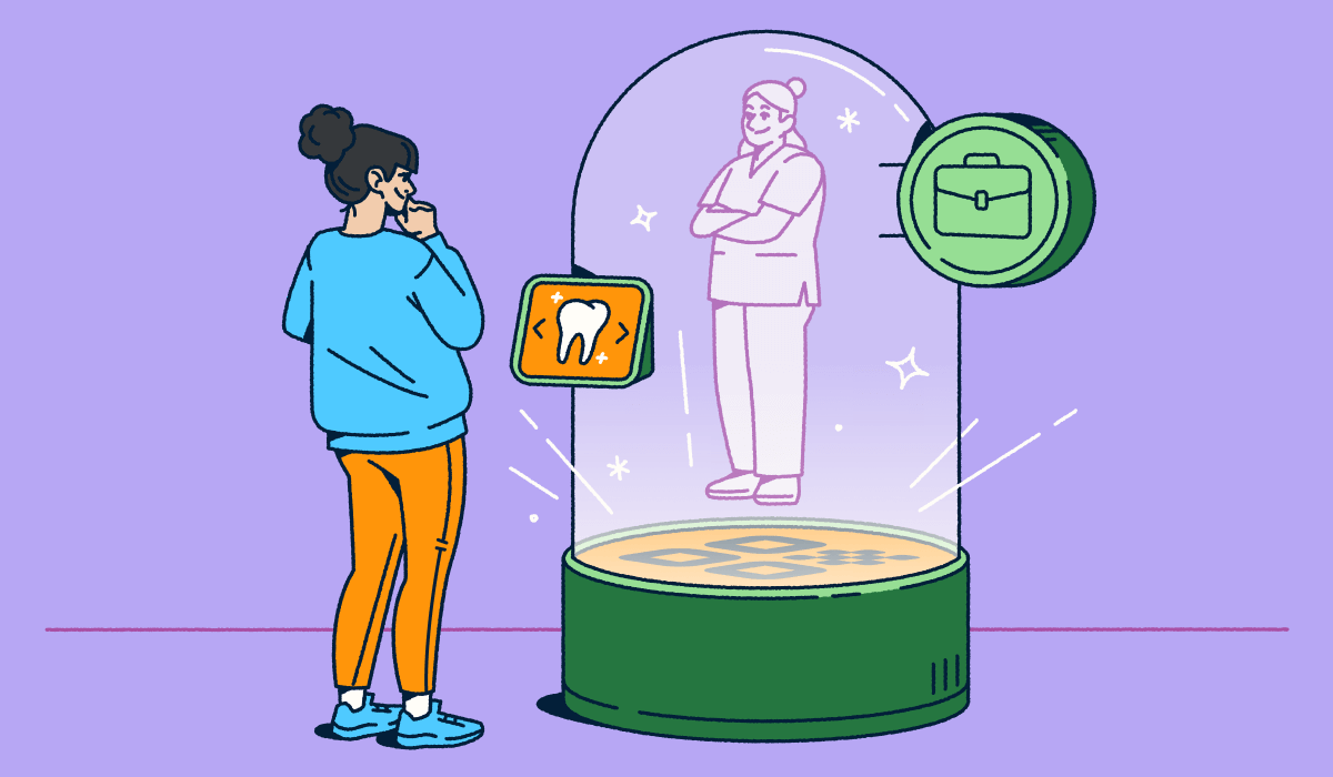 A person views a holographic figure inside a snow-globe-like container, emerging from a QR Code welcome mat. A screen allows the person to select a service.