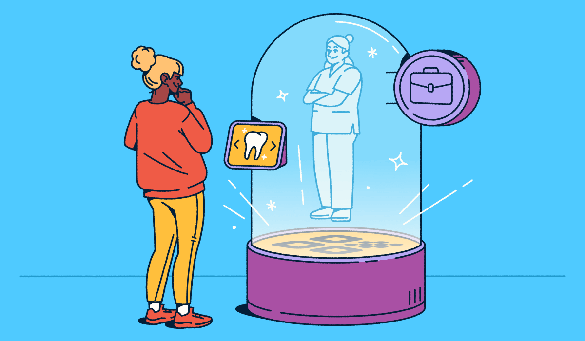 A person views a holographic figure inside a snow-globe-like container, emerging from a QR Code welcome mat. A screen allows the person to select a service.