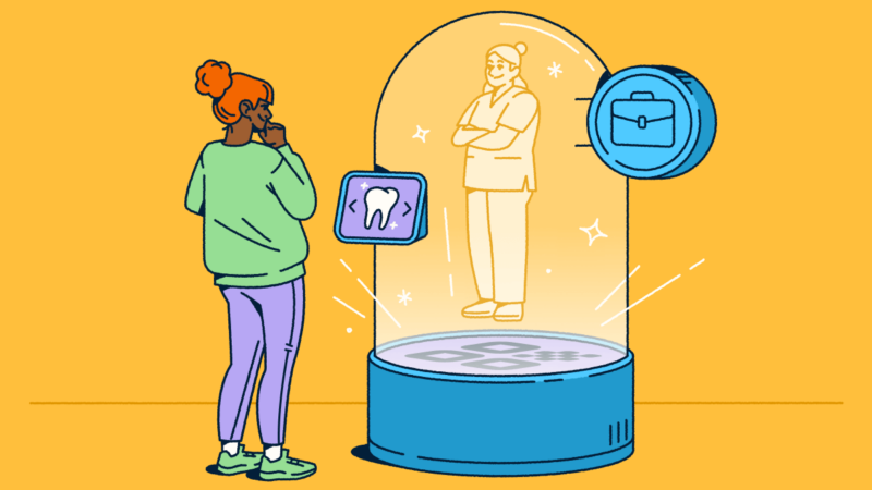 A person views a holographic figure inside a snow-globe-like container, emerging from a QR Code welcome mat. A screen allows the person to select a service.