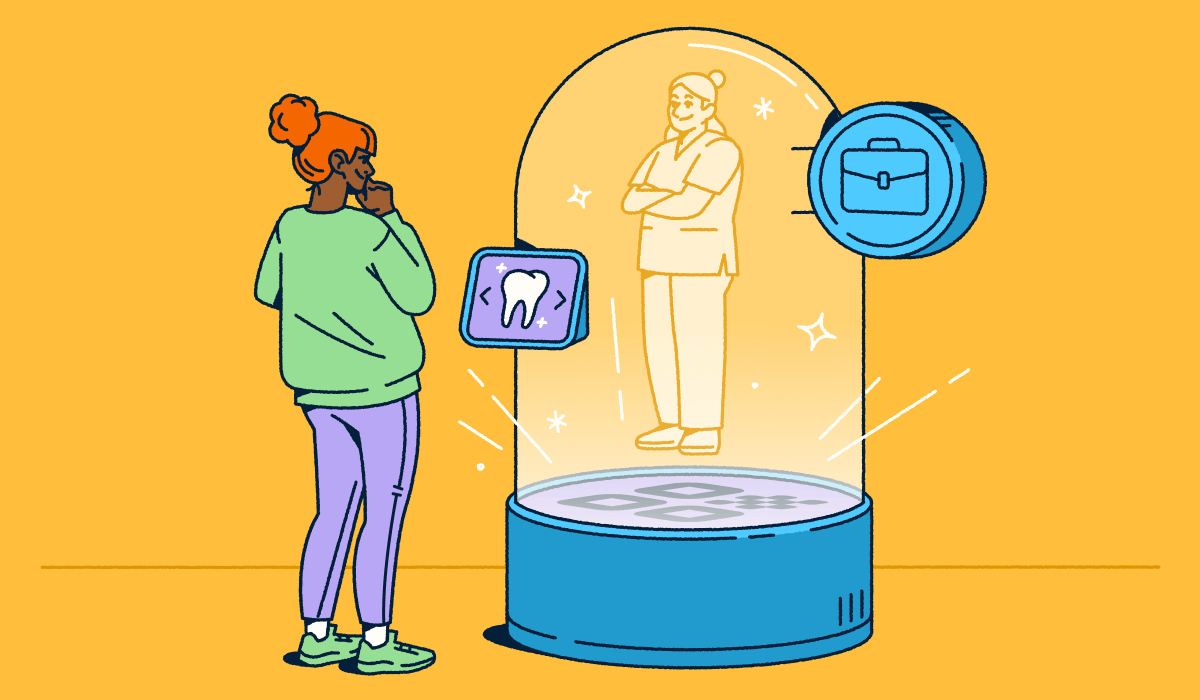 A person views a holographic figure inside a snow-globe-like container, emerging from a QR Code welcome mat. A screen allows the person to select a service.