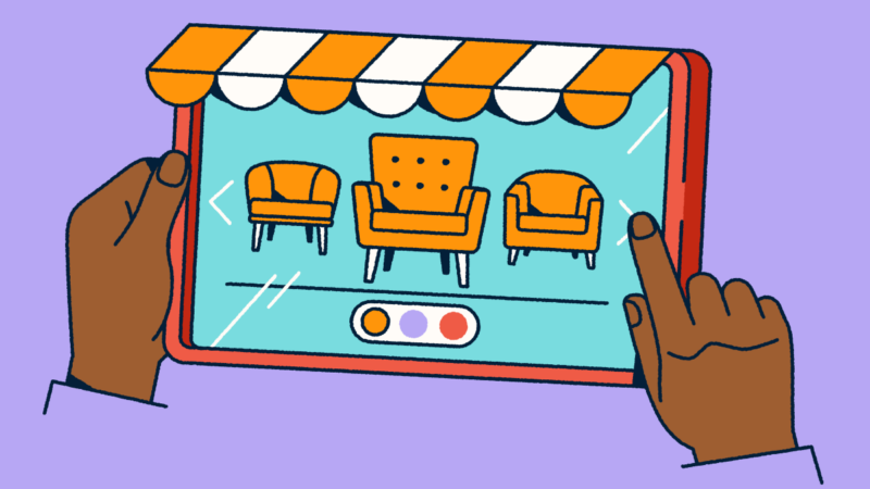 Hands holding a tablet that looks like a retail front with an awning. Furniture is displayed on the screen.