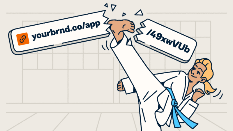 A martial artist breaking a long, generic URL with a high kick to reveal a custom branded short link.
