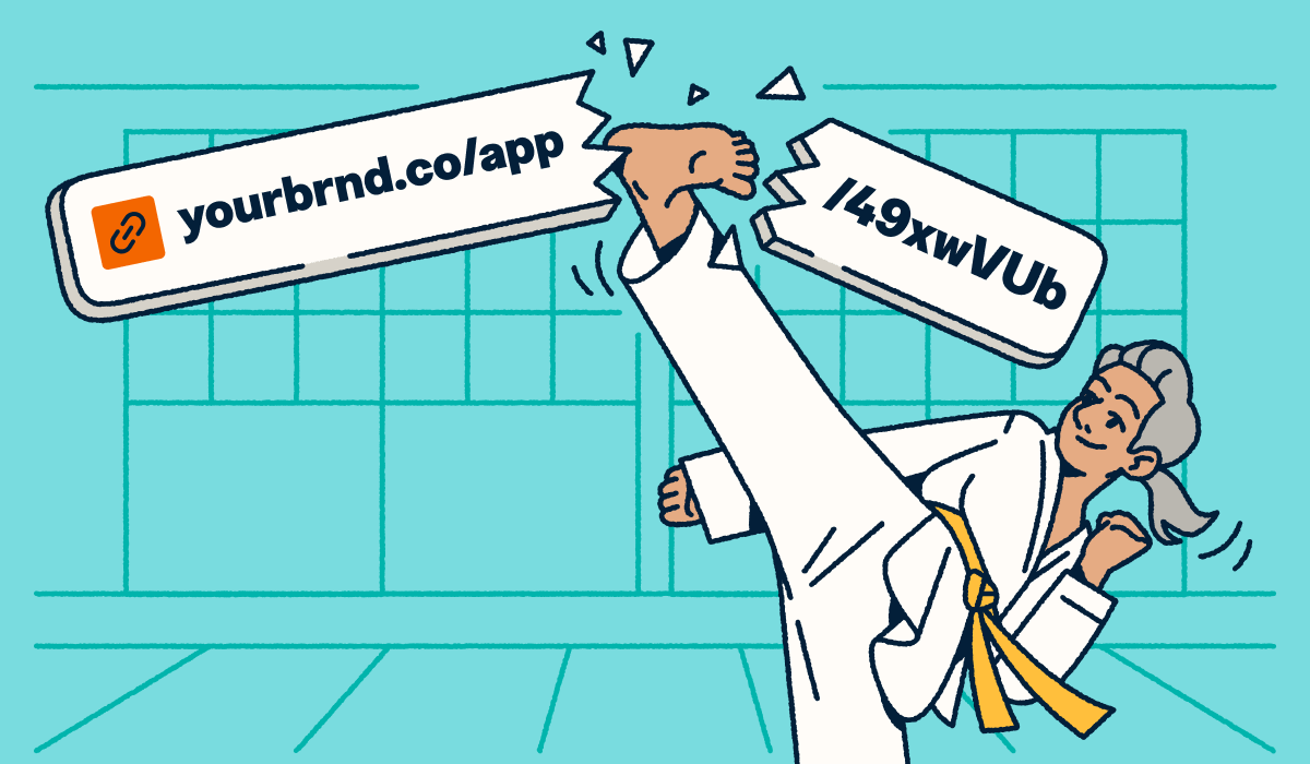 A martial artist breaking a long, generic URL with a high kick to reveal a custom branded short link.