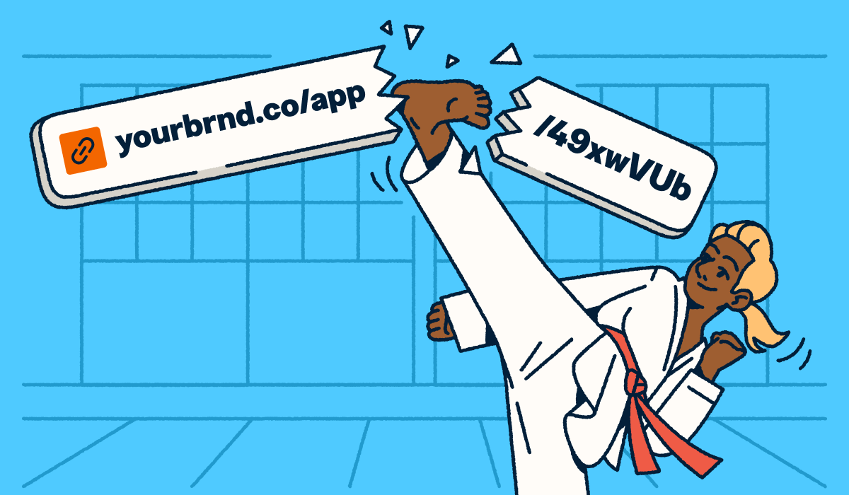 A martial artist breaking a long, generic URL with a high kick to reveal a custom branded short link.