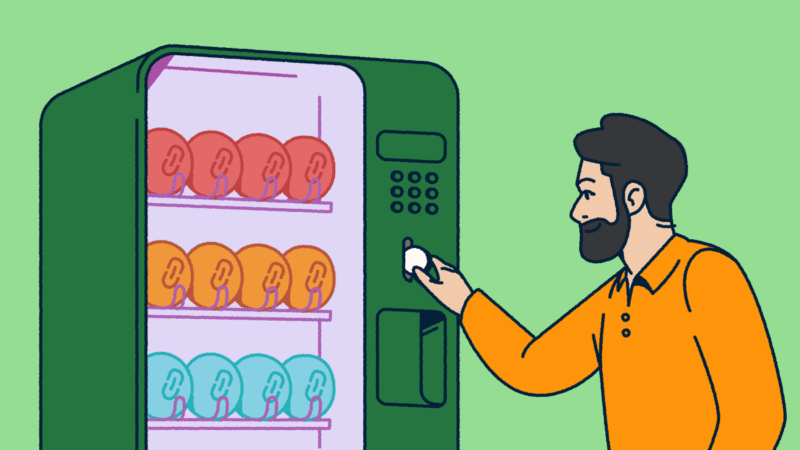 A man putting a coin into a vending machine full of various link shorteners.
