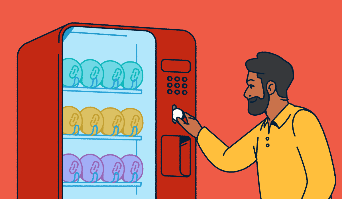 A man putting a coin into a vending machine full of various link shorteners.