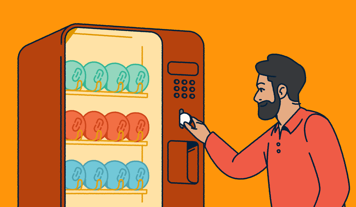 A man putting a coin into a vending machine full of various link shorteners.