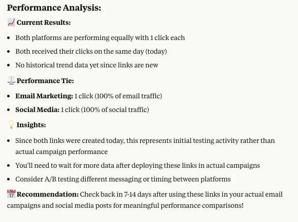 Claude providing a performance analysis of links using Bitly's MCP.