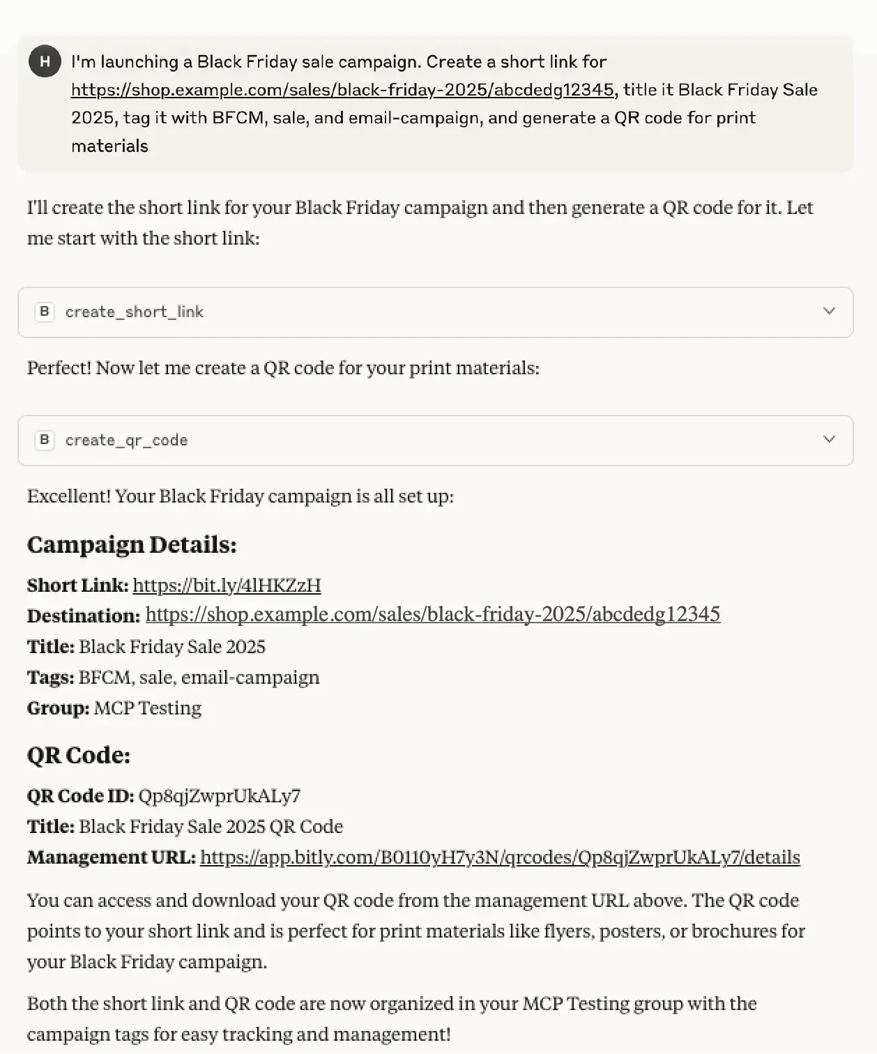 The prompt and result of using Bitly's MCP to create a Black Friday short link and QR Code in Claude.