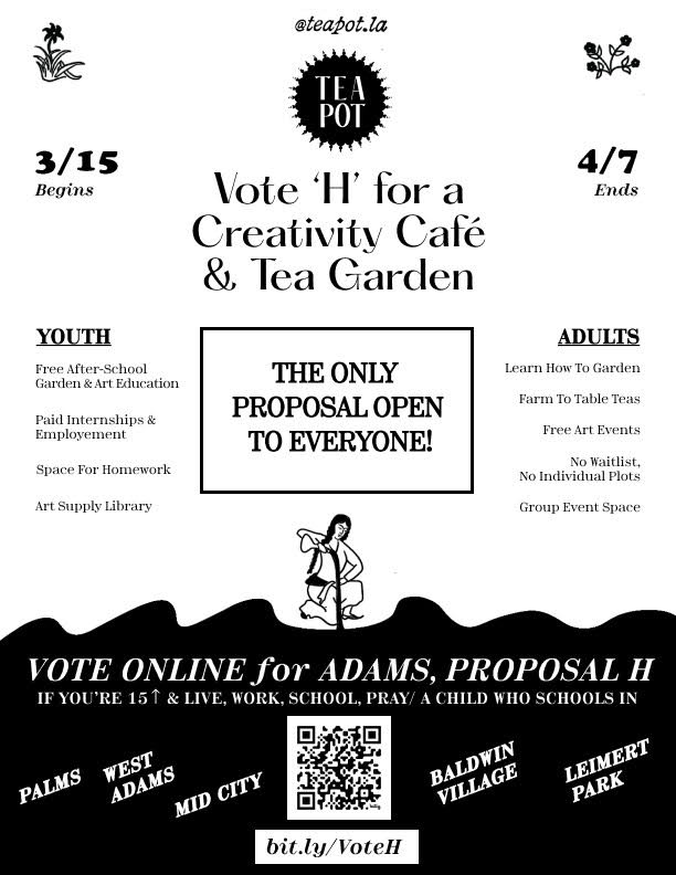 Flyers featuring a Bitly QR Code that linked directly to the voting page and went door to door throughout Mid-City Los Angeles, leaving them with neighbors and local businesses.