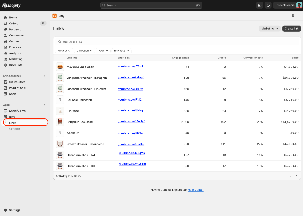 Écran affichant tous vos liens Bitly dans Shopify, accompagnés de vos statistiques. 