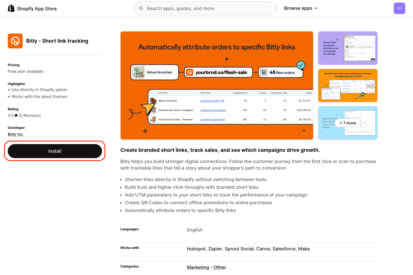 Ve a la aplicación Shopify, donde podrás conectar tu cuenta de Bitly. 