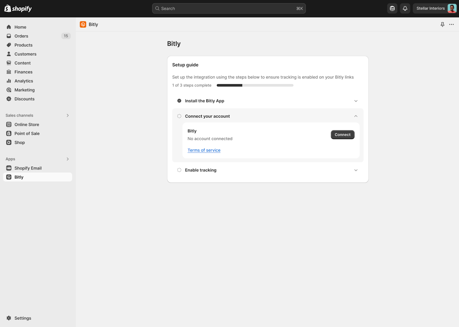 Écran montrant la connexion de Bity à Shopify