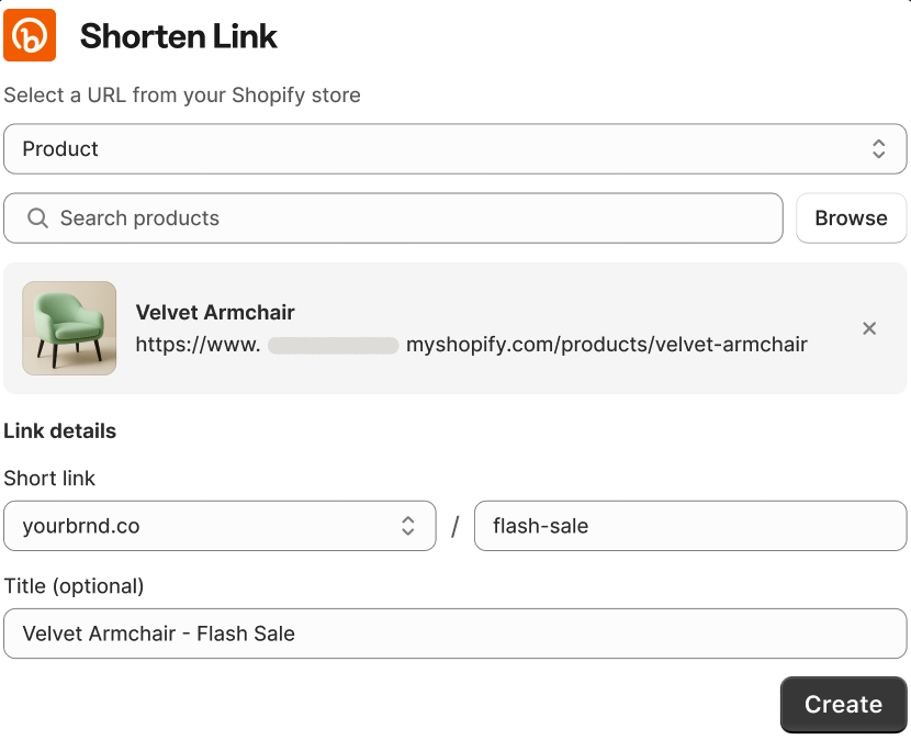 Écran illustrant la réduction d'un lien dans Shopify.
